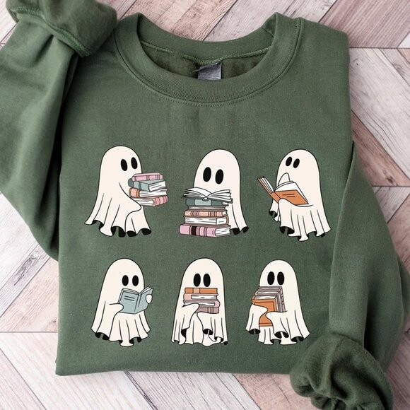 Vintage Ghost Reading Books Sweater Teacher Bookish Halloween Sweatshirt - Picture 1 of 3